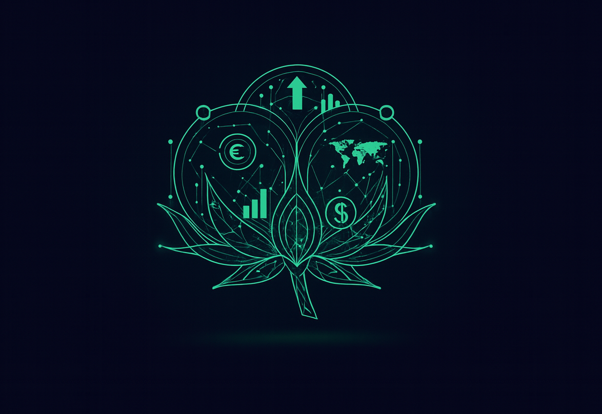 Neon green digital illustration combining cotton and financial data, minimalist tech theme on a dark background.