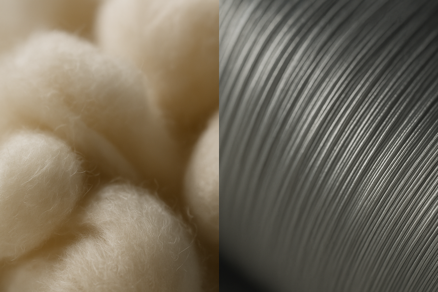 Yumuşak pamuk lifleriyle pürüzsüz polyester ipliklerini karşılaştıran makro görsel.