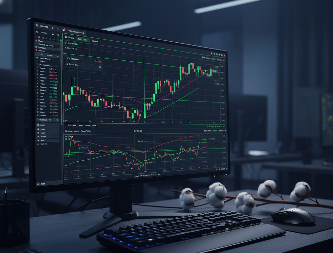 Profesyonel trader masasında pamuk kozaları ve ekranda yeşil teknik analiz grafikleri ile pamuk piyasası takibi