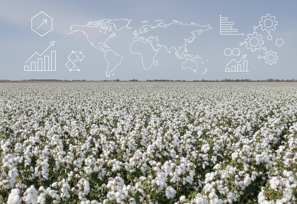 Cotton field with visual elements representing global trade, data analysis, and cotton market dynamics