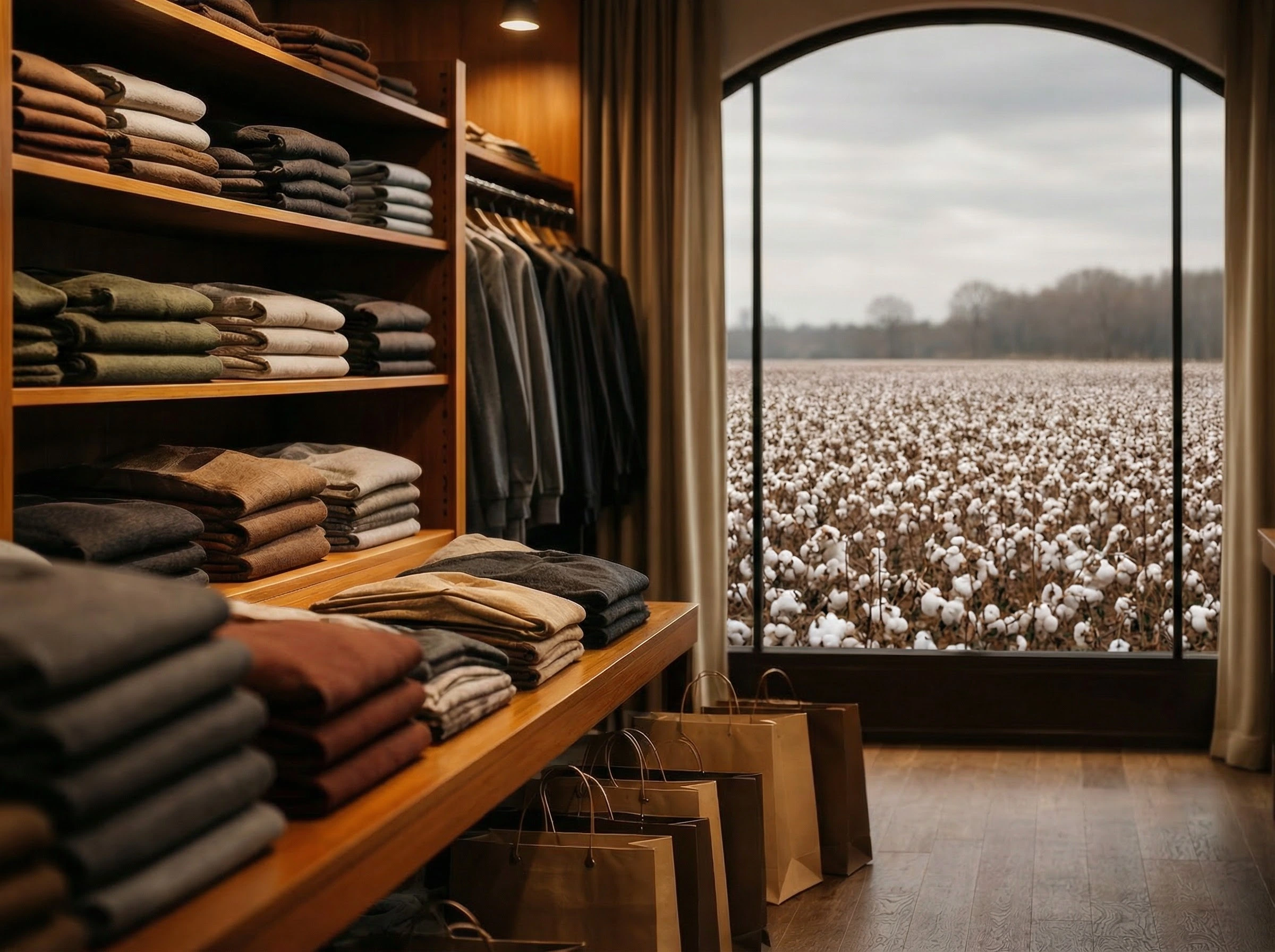 Sıcak ışıklı bir giyim mağazasında ahşap raflarda düzenli katlanmış kıyafetler ve yerde alışveriş çantaları. Büyük kemerli bir pencereden, kasvetli gr