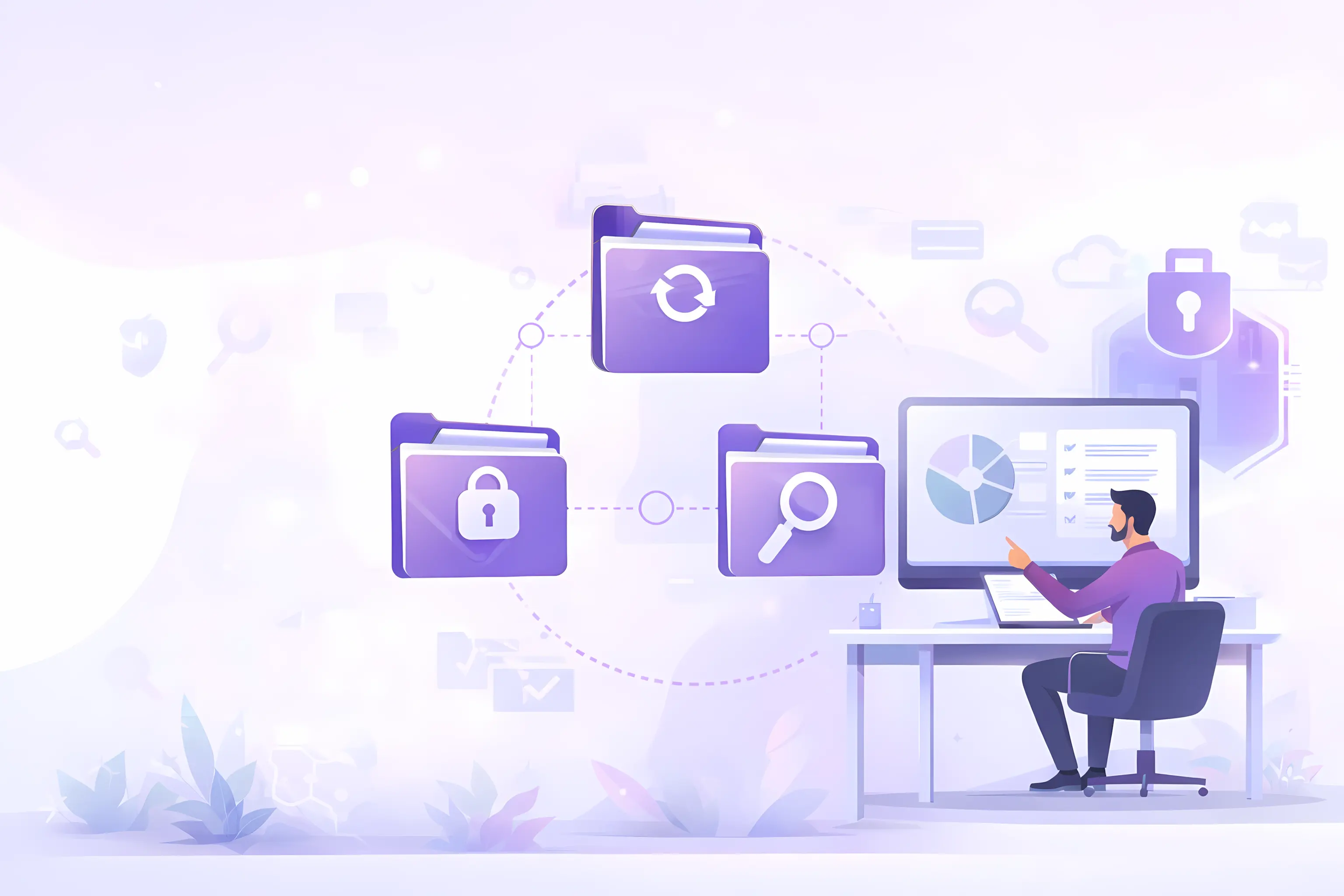 Kurumsal doküman yönetim sistemi arayüzü, güvenli klasörler, arama ve erişim kontrolü özelliklerini kullanan bir çalışan illüstrasyonu.